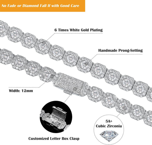 12Mm Tennis Chain for Men Women Necklace White Gold Plated Clustered Iced Out Cuban Link Choker, 5A+ CZ Diamond Hip Hop Jewelry Birthday Christmas Wedding Gift (With Box & Pouch)