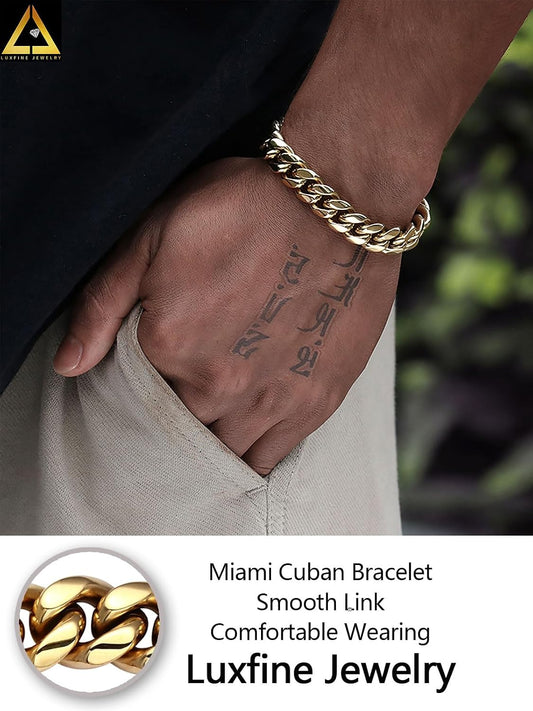 12Mm Miami Cuban Link Bracelet 14K REAL Gold Plated Hypoallergenic Premium Stainless Steel Hip Hop Jewelry for Men Women Father Day Birthday Gift (No Color Fade, Double-Sided Iced Out Clasp)
