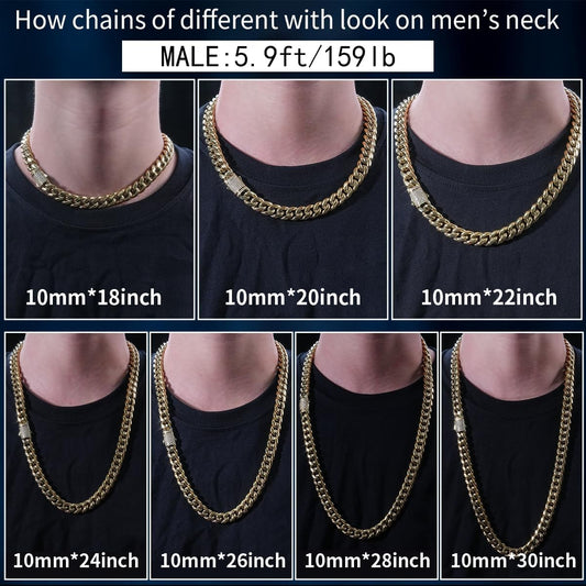 10/12Mm Miami Cuban Link Chain 14K REAL Gold Plated Premium Stainless Steel Necklace Hypoallergenic Hip Hop Jewelry for Men Women Christmas Father Day Birthday Gift (Double-Sided Iced Out Clasp, with Box & Pouch)