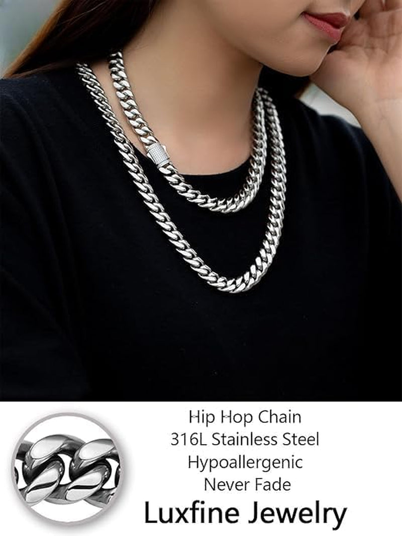 10/12Mm Miami Cuban Link Chain 14K REAL Gold Plated Premium Stainless Steel Necklace Hypoallergenic Hip Hop Jewelry for Men Women Christmas Father Day Birthday Gift (Double-Sided Iced Out Clasp, with Box & Pouch)