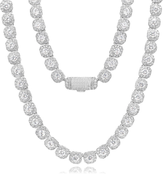 12Mm Tennis Chain for Men Women Necklace White Gold Plated Clustered Iced Out Cuban Link Choker, 5A+ CZ Diamond Hip Hop Jewelry Birthday Christmas Wedding Gift (With Box & Pouch)