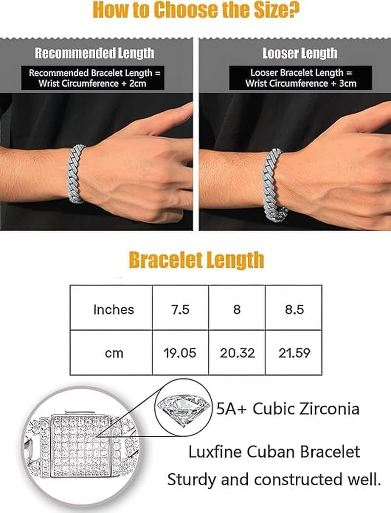 12Mm Cuban Link Bracelet Hypoallergenic 14K REAL Gold Plated Iced Out Hip Hop Jewelry 5A+ Cubic Zirconia Prong-Setting for Men Women Father Day Christmas Birthday Gift