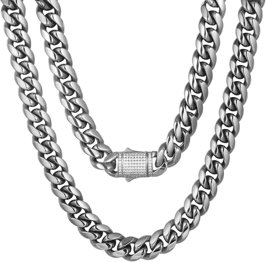 10/12Mm Miami Cuban Link Chain 14K REAL Gold Plated Premium Stainless Steel Necklace Hypoallergenic Hip Hop Jewelry for Men Women Christmas Father Day Birthday Gift (Double-Sided Iced Out Clasp, with Box & Pouch)