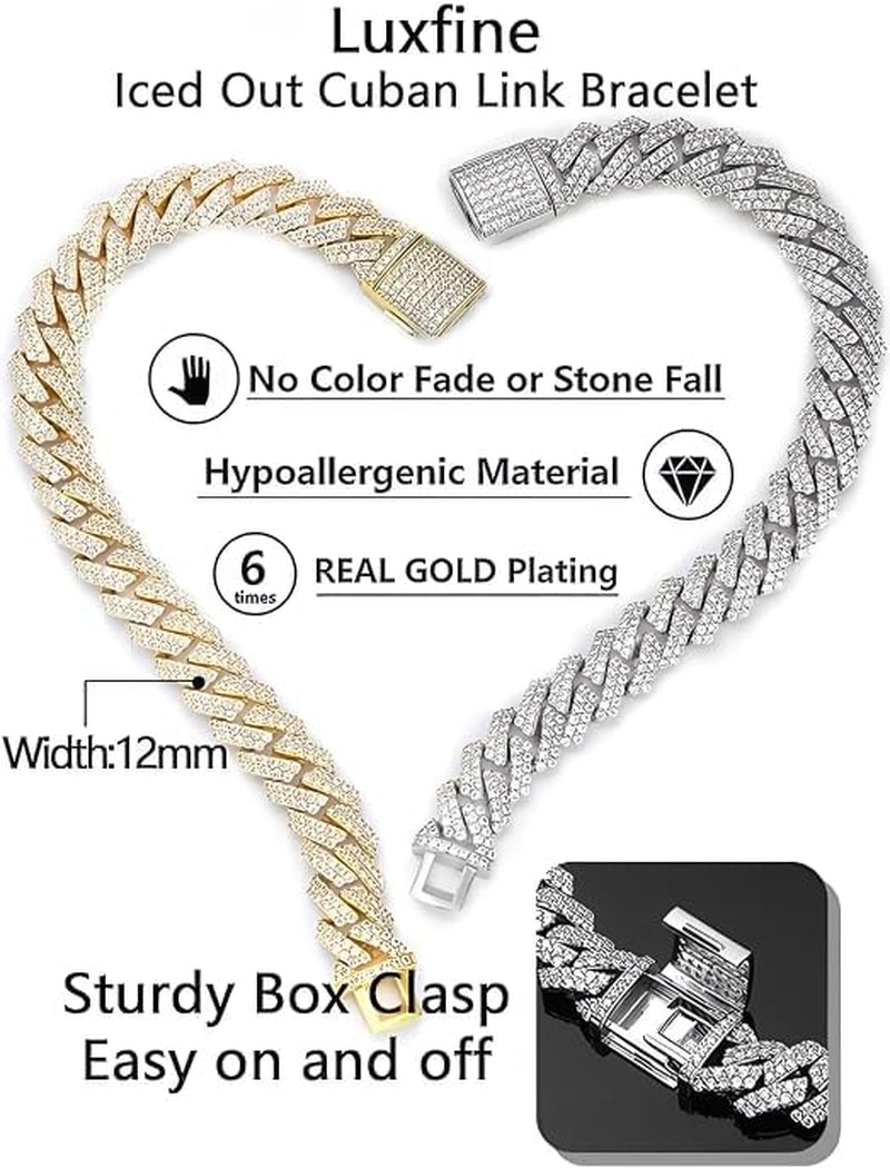12Mm Cuban Link Bracelet Hypoallergenic 14K REAL Gold Plated Iced Out Hip Hop Jewelry 5A+ Cubic Zirconia Prong-Setting for Men Women Father Day Christmas Birthday Gift