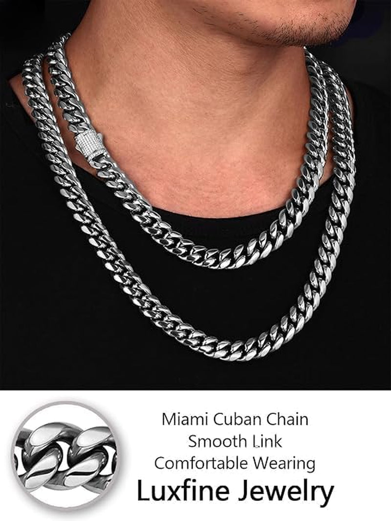 10/12Mm Miami Cuban Link Chain 14K REAL Gold Plated Premium Stainless Steel Necklace Hypoallergenic Hip Hop Jewelry for Men Women Christmas Father Day Birthday Gift (Double-Sided Iced Out Clasp, with Box & Pouch)