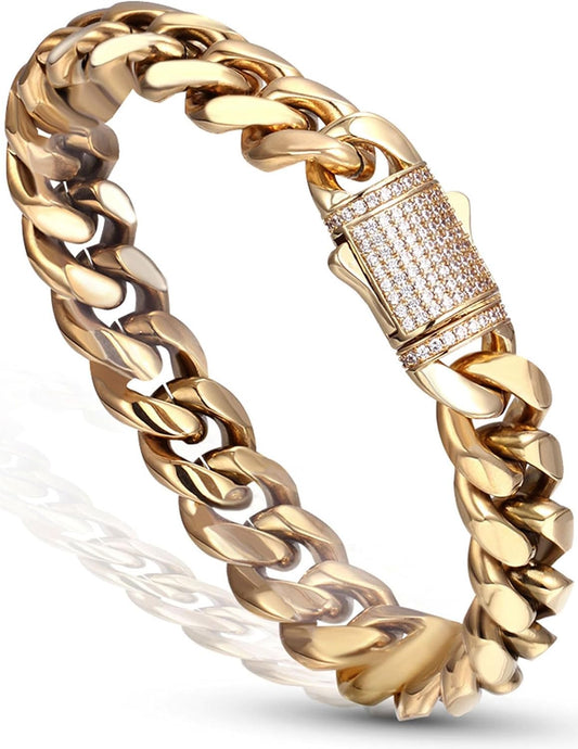 12Mm Miami Cuban Link Bracelet 14K REAL Gold Plated Hypoallergenic Premium Stainless Steel Hip Hop Jewelry for Men Women Father Day Birthday Gift (No Color Fade, Double-Sided Iced Out Clasp)