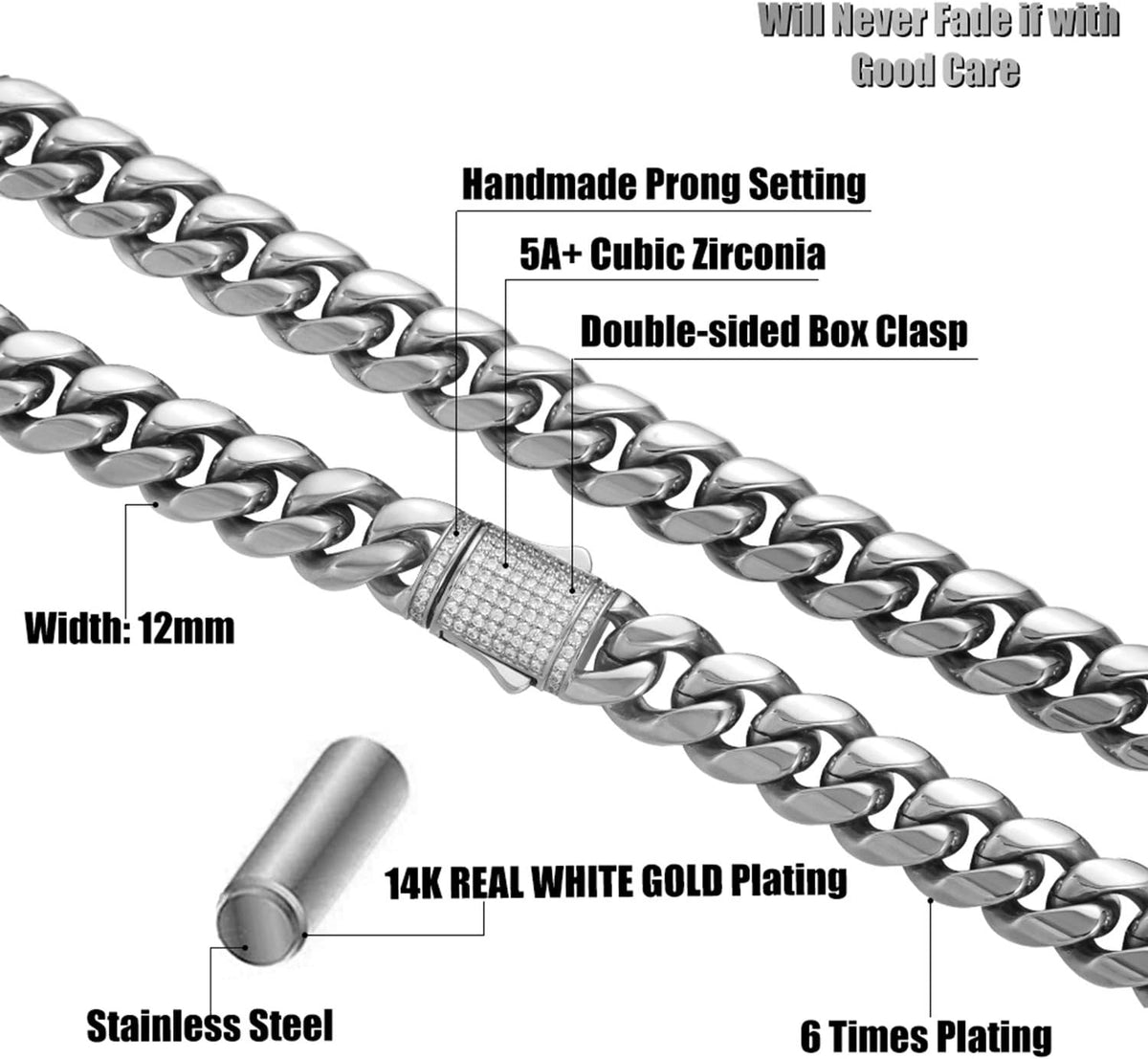 10/12Mm Miami Cuban Link Chain 14K REAL Gold Plated Premium Stainless Steel Necklace Hypoallergenic Hip Hop Jewelry for Men Women Christmas Father Day Birthday Gift (Double-Sided Iced Out Clasp, with Box & Pouch)